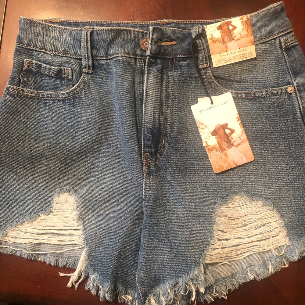 Sincerely Jules Blue Jean Shorts with Frayed Hem and Distressed Details